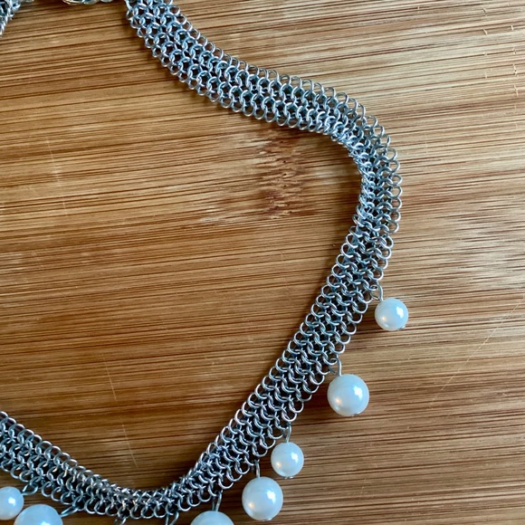 Geometric Mesh Collar Necklace With Pearls Designer Statement Jewelry Silvertone - Picture 6 of 14